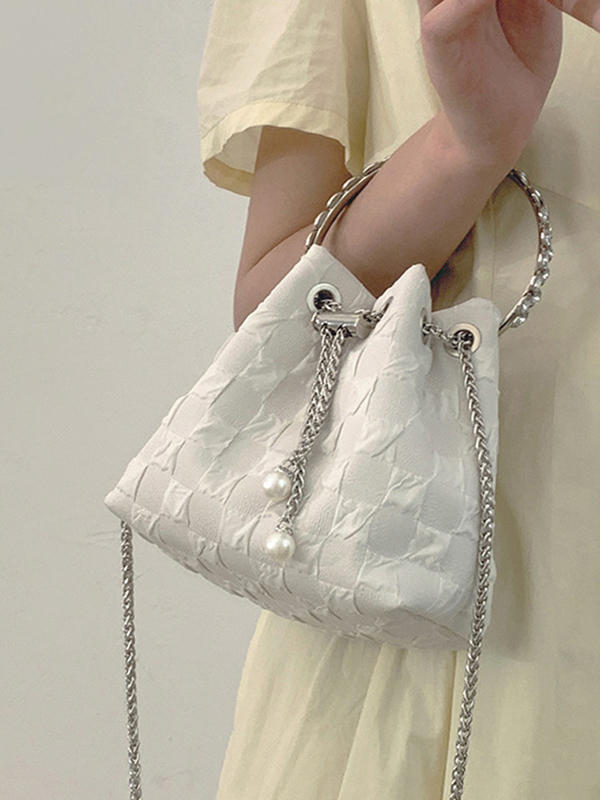 Urban Solid Color Checkered Chain Bucket Messenger Bags