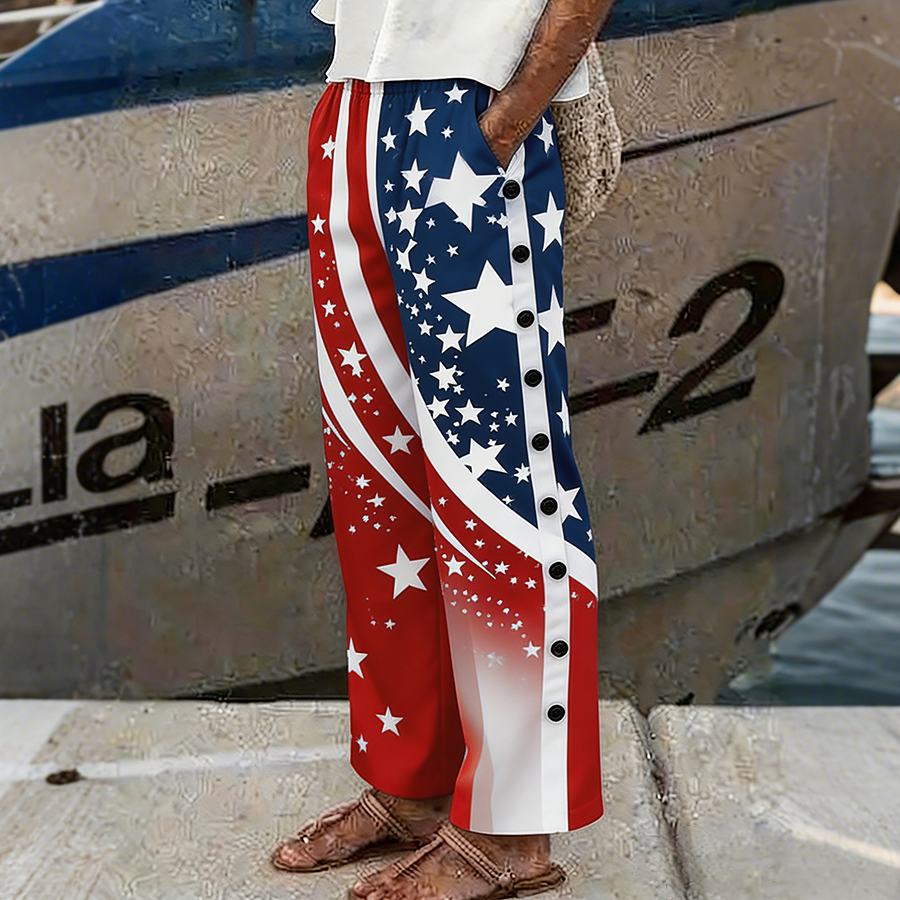 Women's Patriotic American Flag Star Printed Button with Pocket Pants