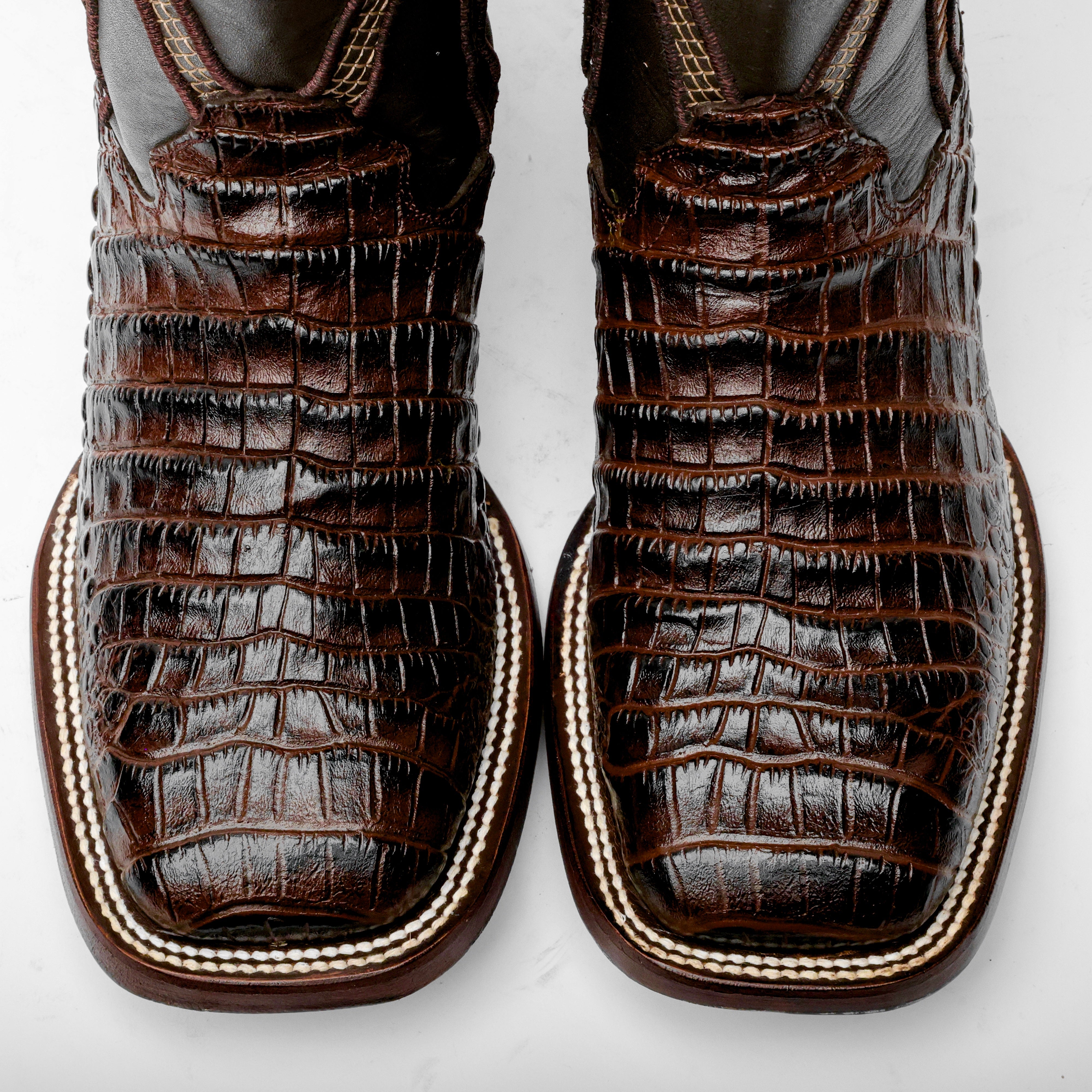 Brown Caiman Belly Leather Boots - Square Toe