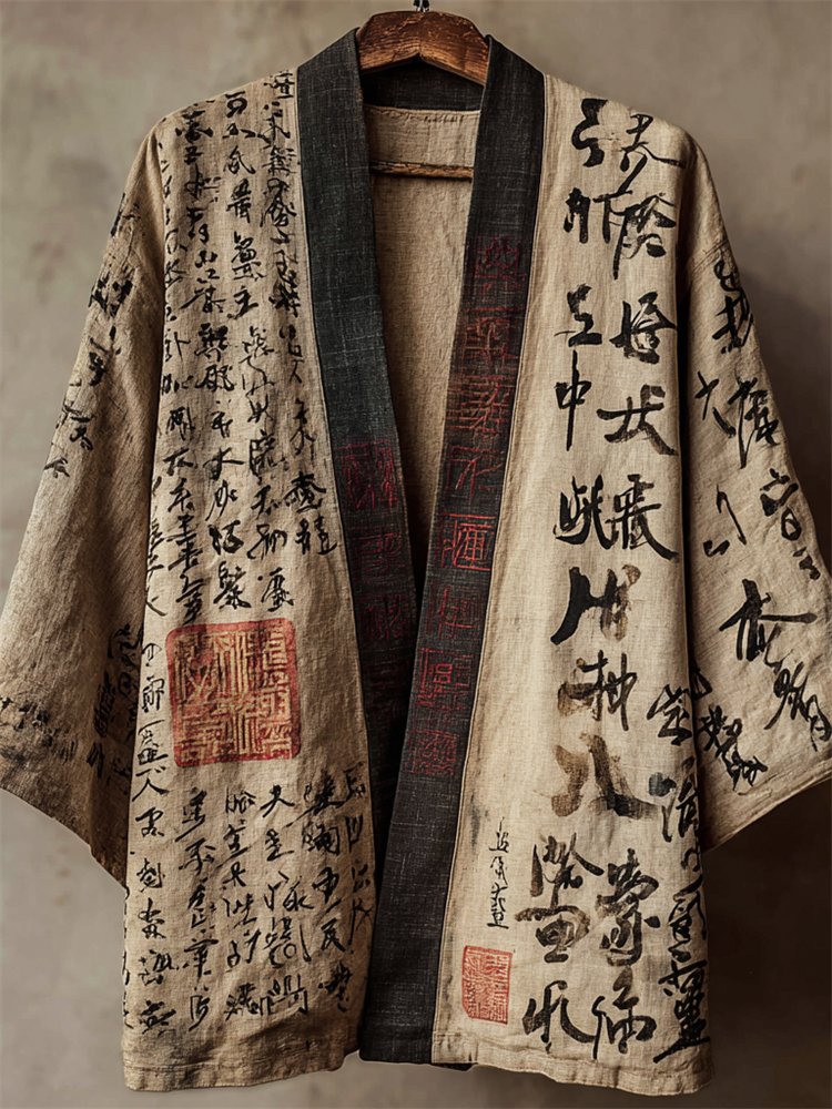 Japanese Calligraphy Art Vintage Linen Kimono