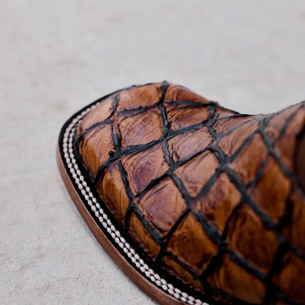 Cognac Pirarucu Leather Boots - Square Toe