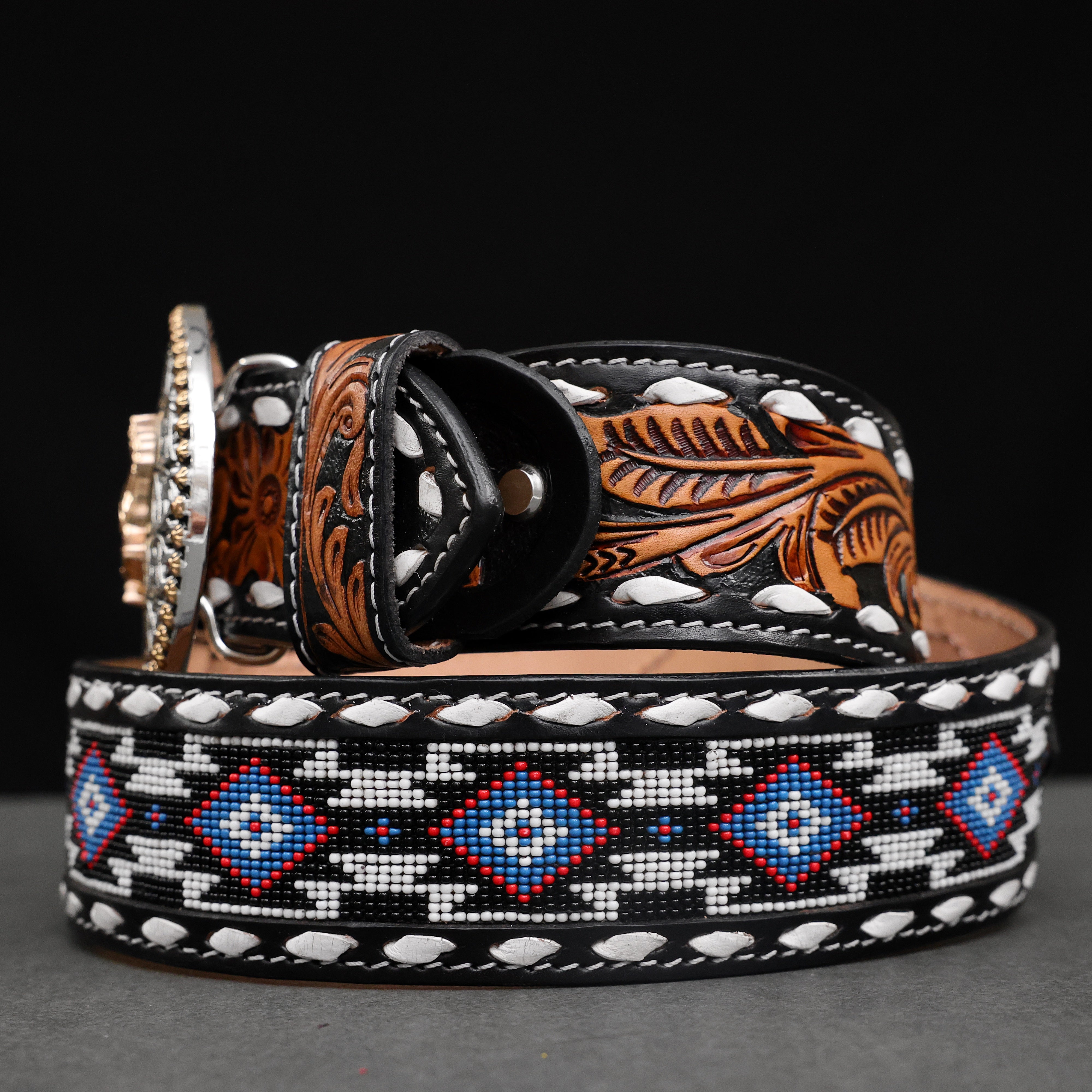 2 Inch Hand-Tooled Artesanal Beaded Leather Belt