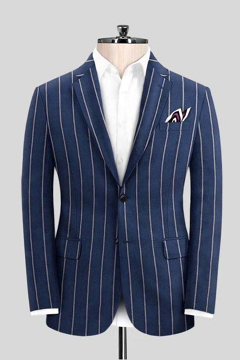 Men's Statement Formal Style Navy Blue Pinstripe Blazer