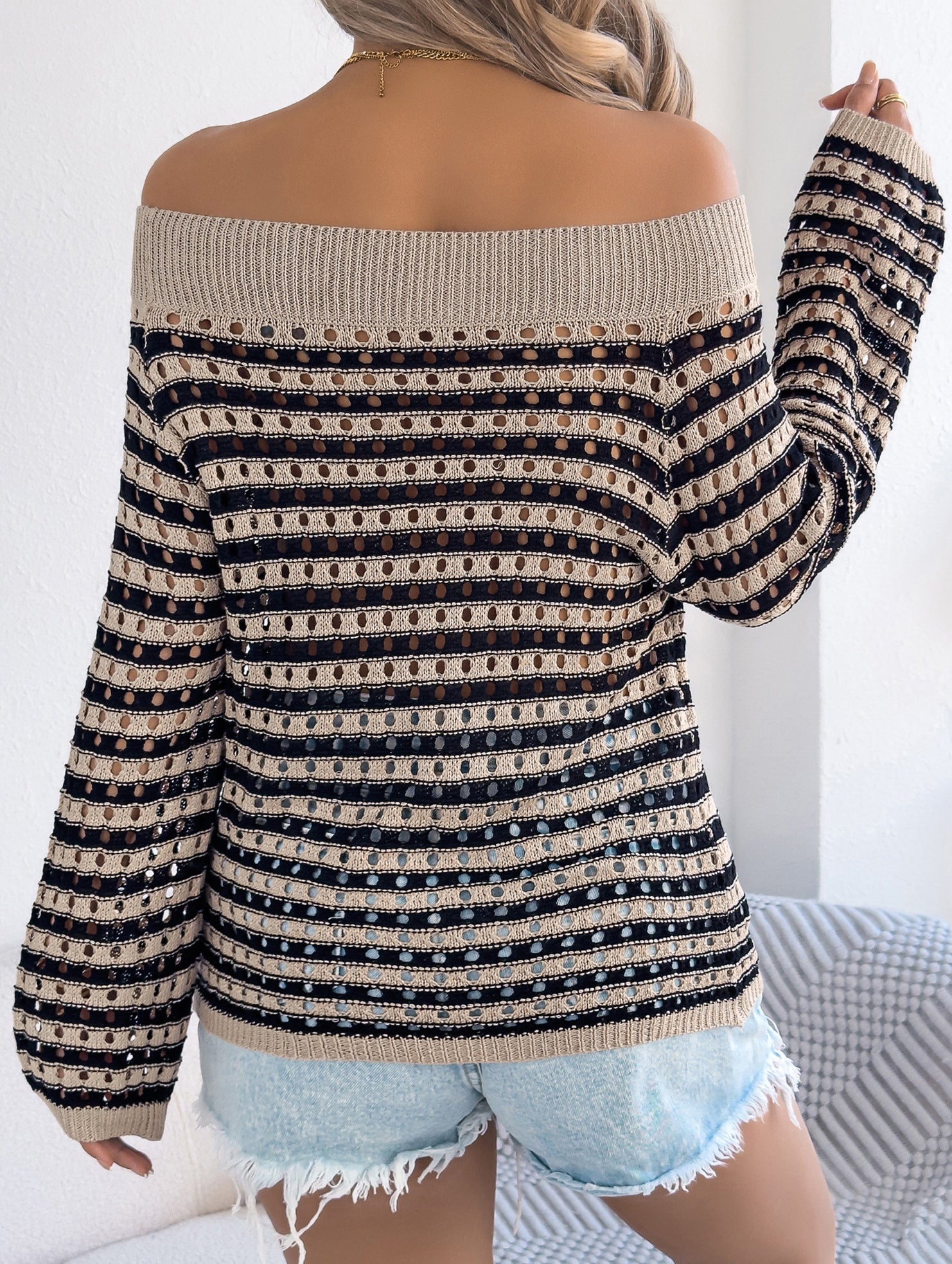 Stripe Hollow Loose Knit Off Shoulder Top_CWTTL01236