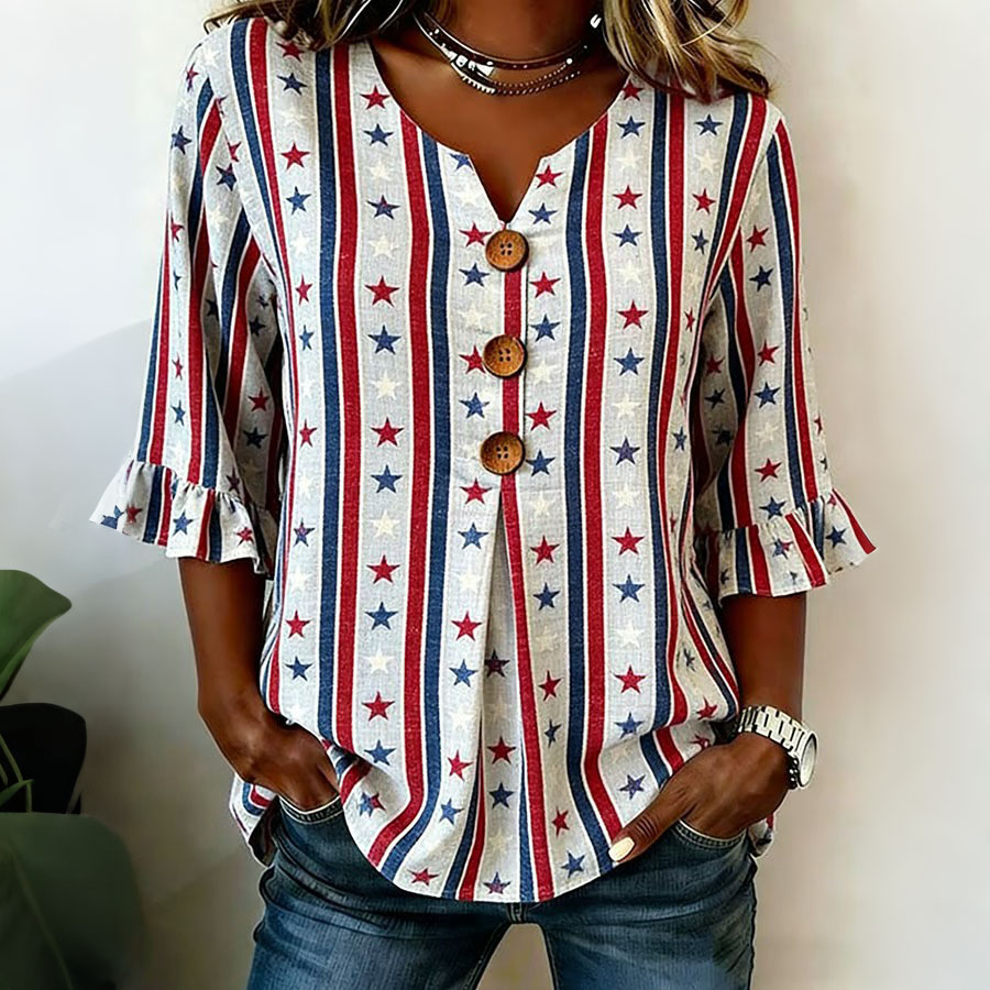 Women's American Striped Star Print Half Sleeved Casual Shirt