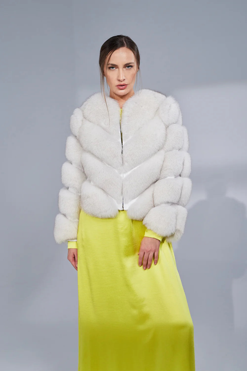 Haină din Blană Naturală de Vulpe, V Model, Transformabiă, Femei, Natural White 274