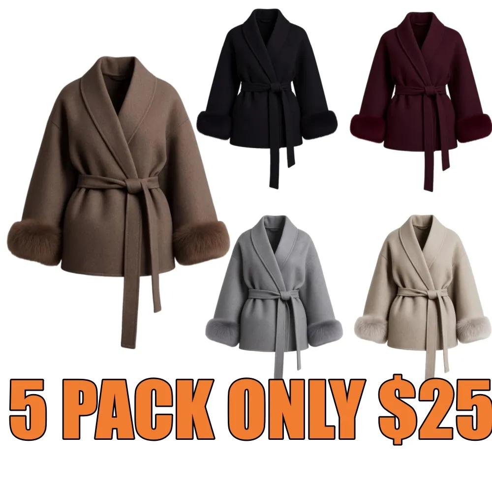 Women's Elegant Solid Color Waist Tie Plush Long Sleeve Thermal Wrap Coat