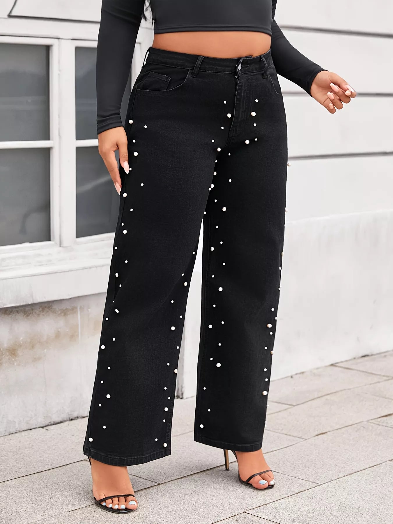 Plus Size Pearl Embellished Wide Leg Jeans
