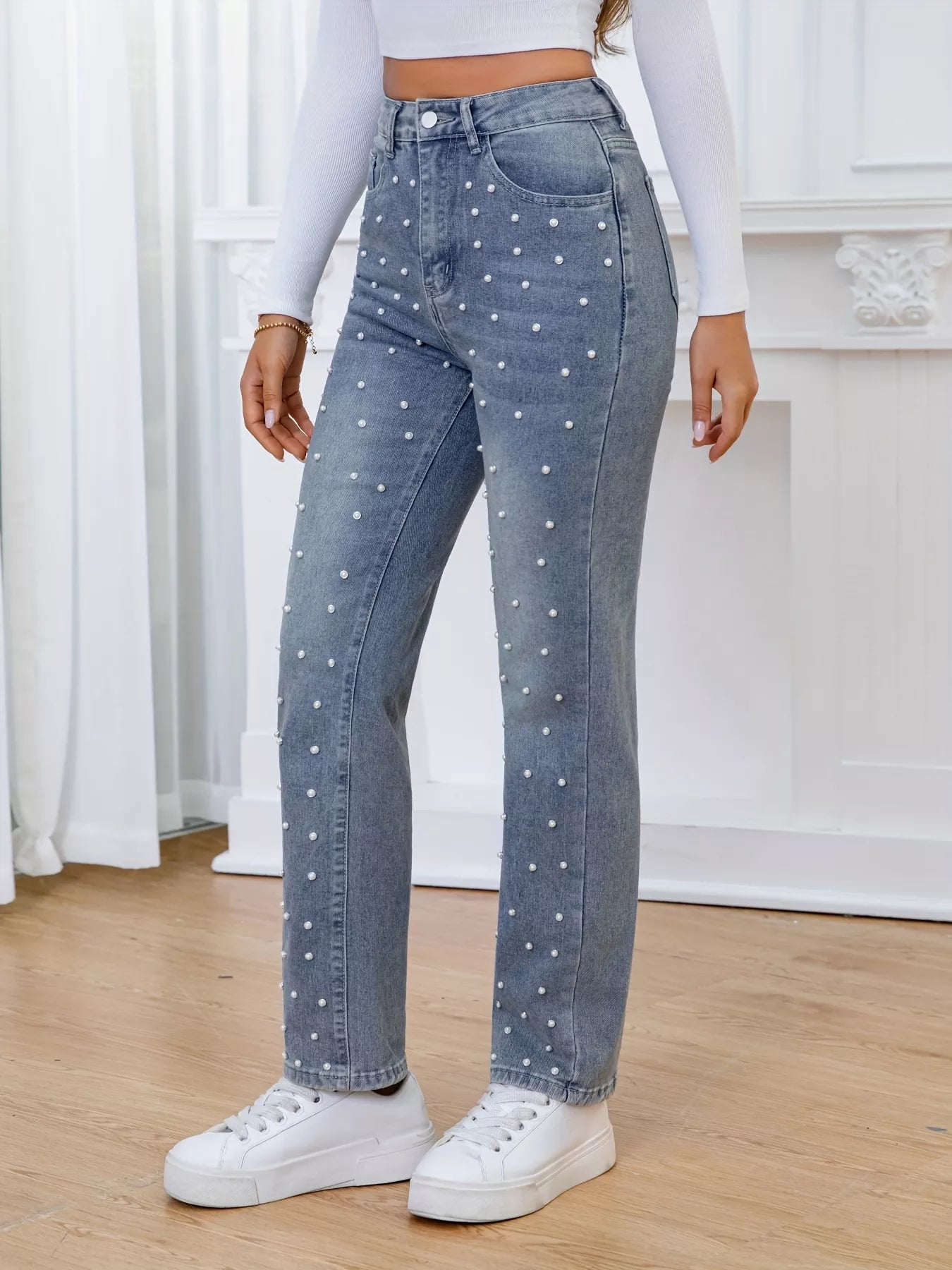 Pearl Embellished High Waist Straight Jeans