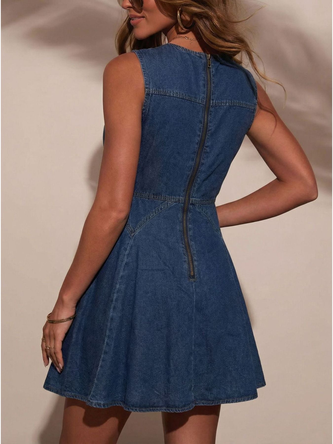 Button Decor Sleeveless Denim Dress