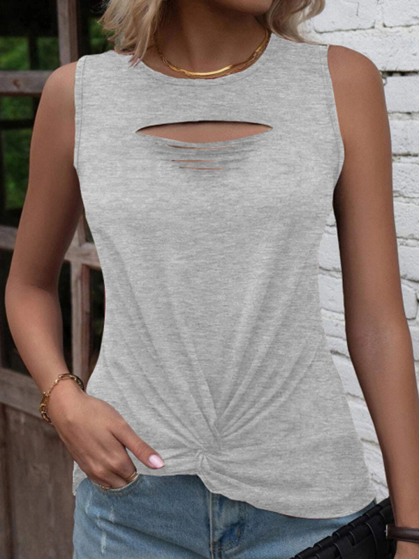 Hollow Knot Pleated Solid Color Sleeveless Round-Neck Vest Top