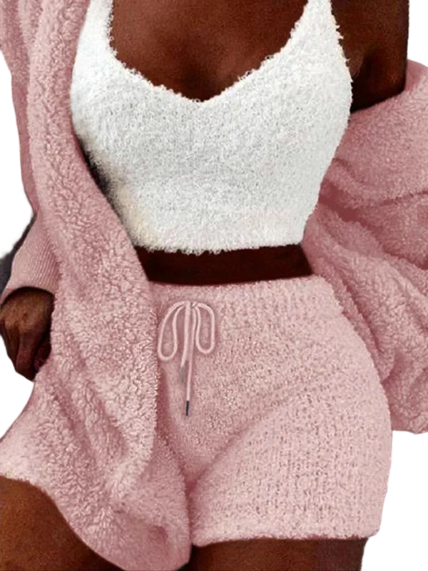 Women's Solid Color Plush Three-piece Pyjama Set
