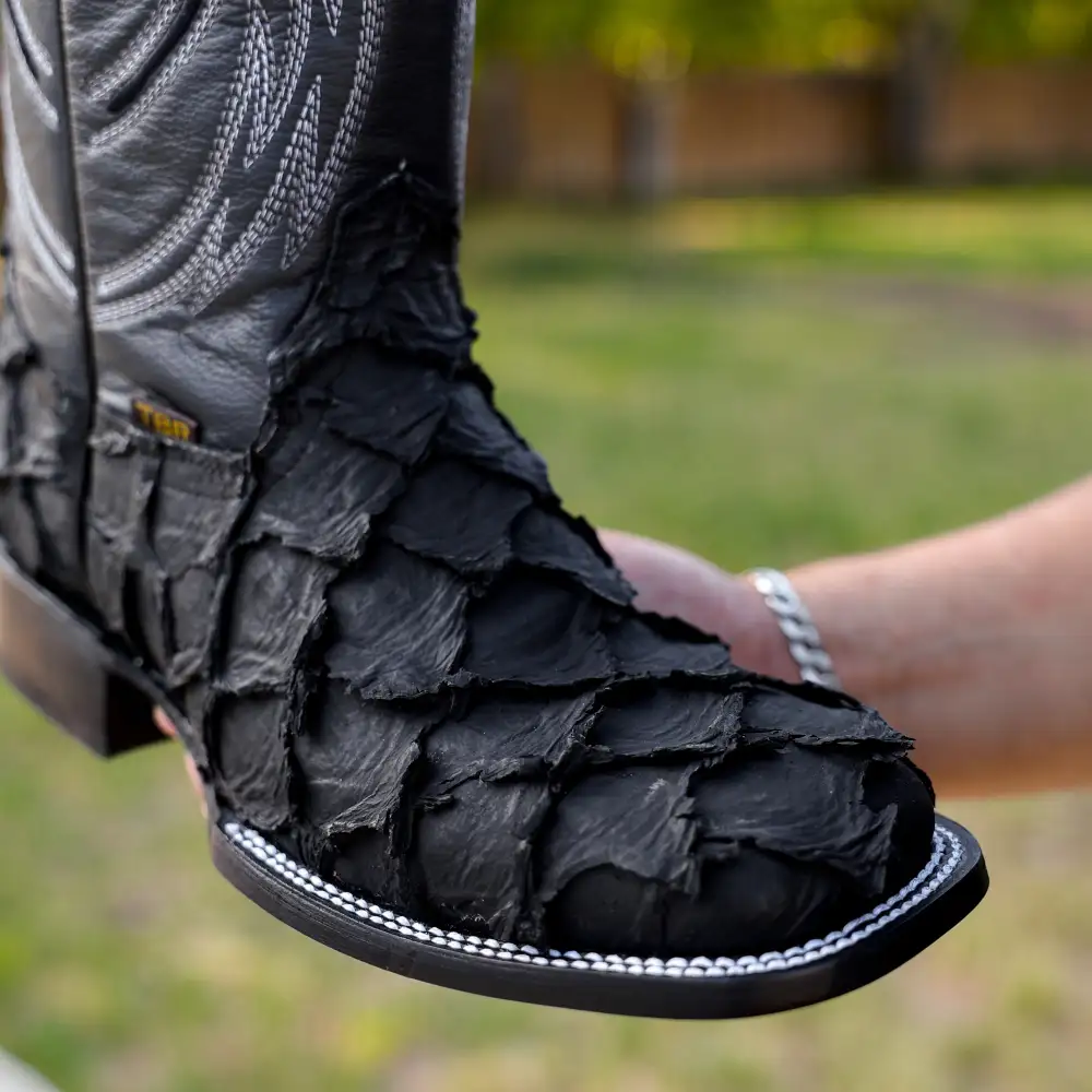 Matte Black Jumbo Pirarucu Leather Boots - Square Toe