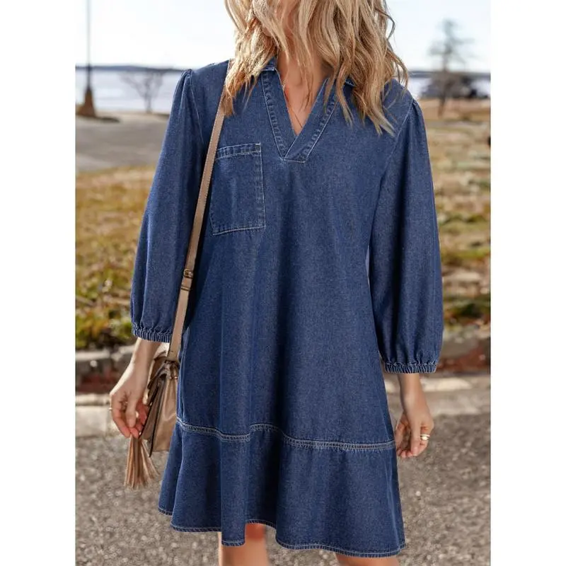 V Neck 3/4 Puff Sleeve Jean Dresses