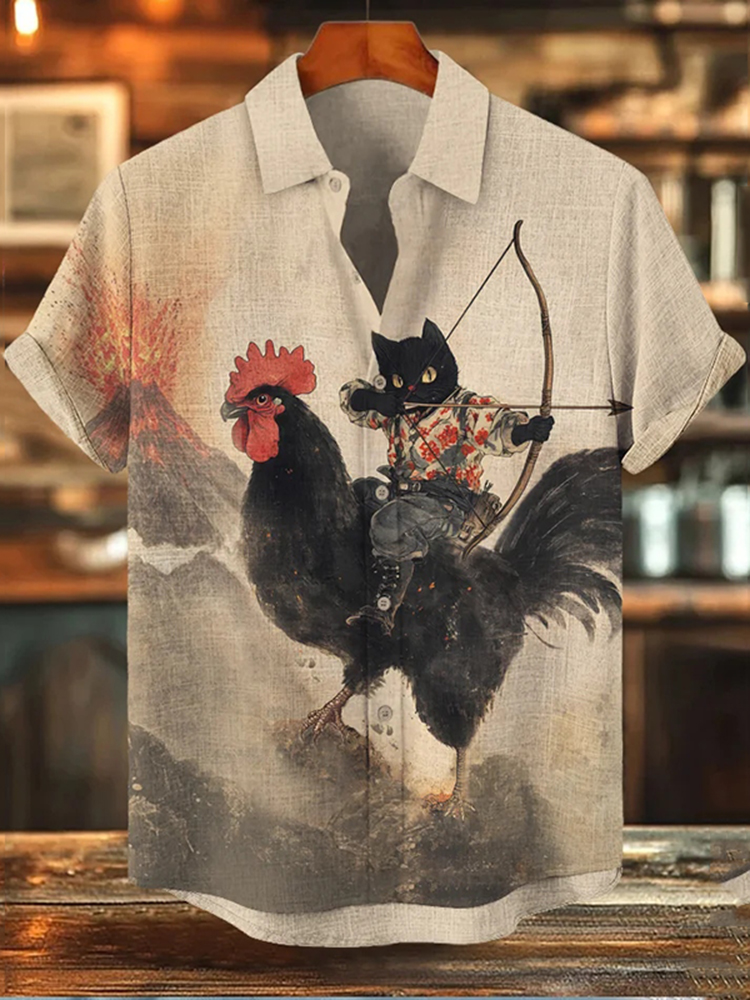 Men's Retro Black Cat Archer And Chicken Print Short Sleeve Shirt