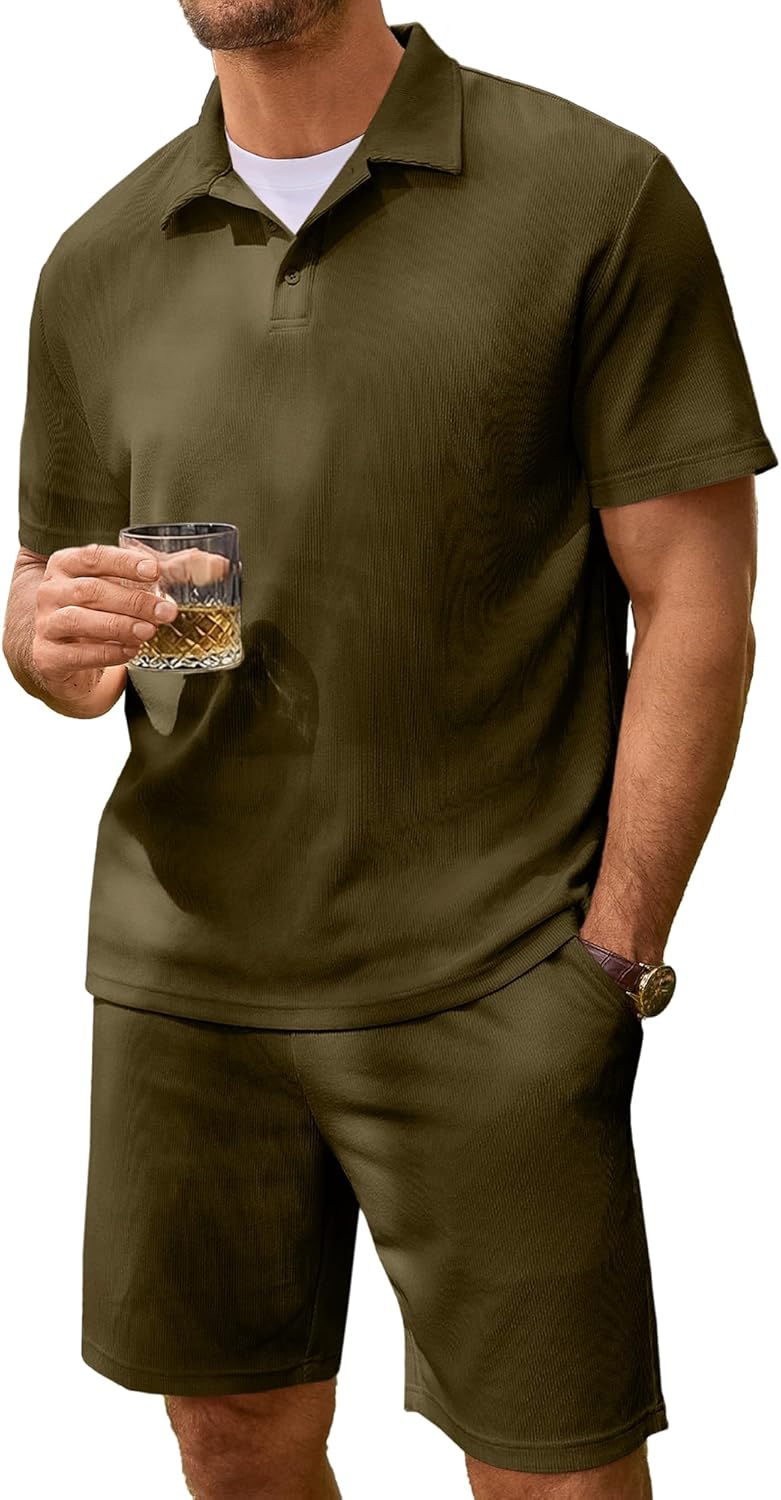 Men's 2 Pieces Outfits Casual Knit Ribbed Textured Button Down Short Sleeve Polo Shirt and Shorts Set