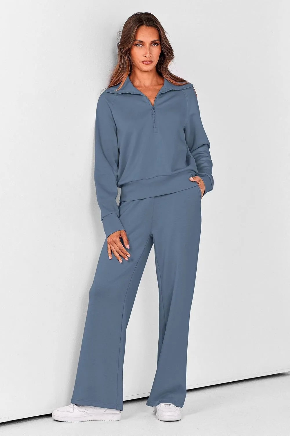 🔥Final Day Clearance!🛒Women's 2 Piece Outfits Casual Lapel Half Zip Sweatshirts And Wide Leg Pants Tracksuit Sets