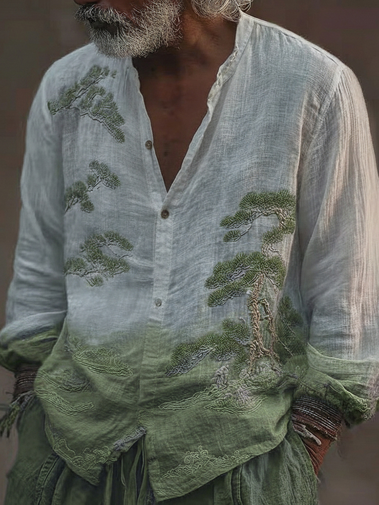 Men's Vintage Pine Tree Art Pattern Linen Blend Shirt
