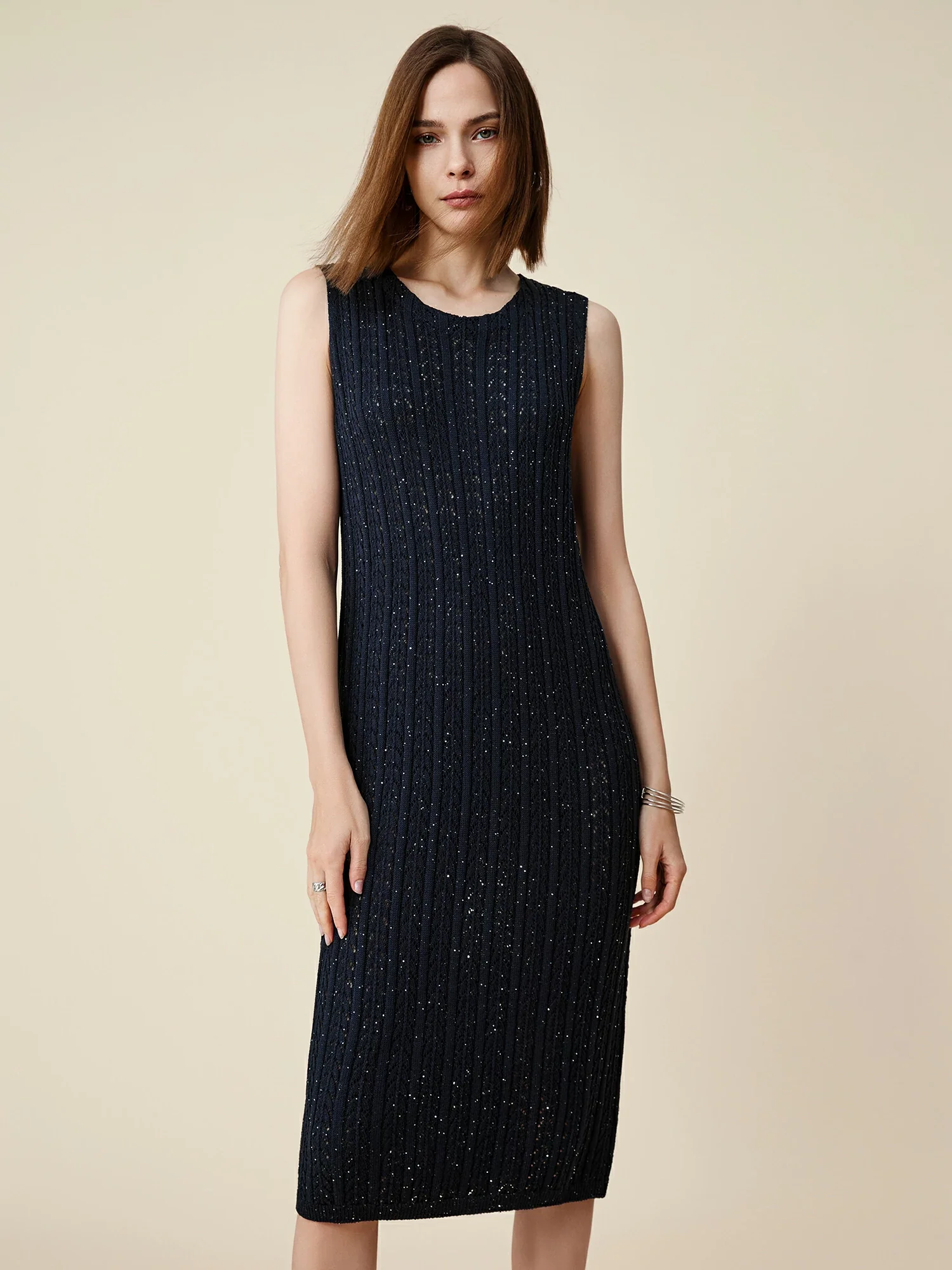 Lyocell Round Neck Sleeveless Sequined Dress