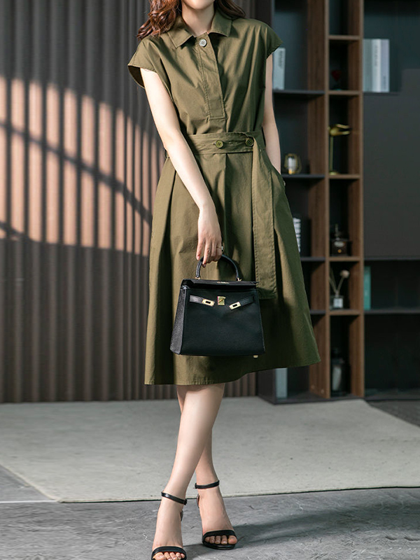 Bandage Solid Color Plus Size Short Sleeves Lapel Midi Dresses