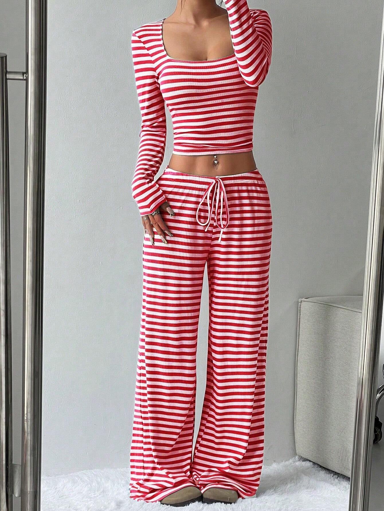 Women's Slouchy Square Neck Stripe Long Sleeve Crop Top & Low-Rise Wide Leg Trousers Co-ord, Minimalist Two Piece Outfits, Cozy Womenswear