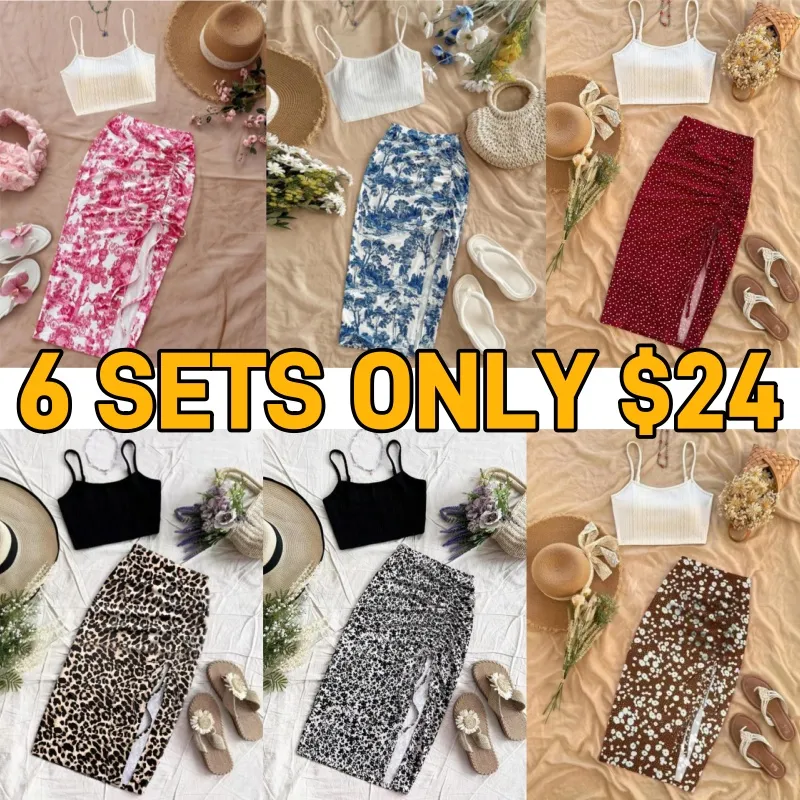 Women's Plain Cami Top & Ditsy Floral Print Ruched Drawstring Skirt