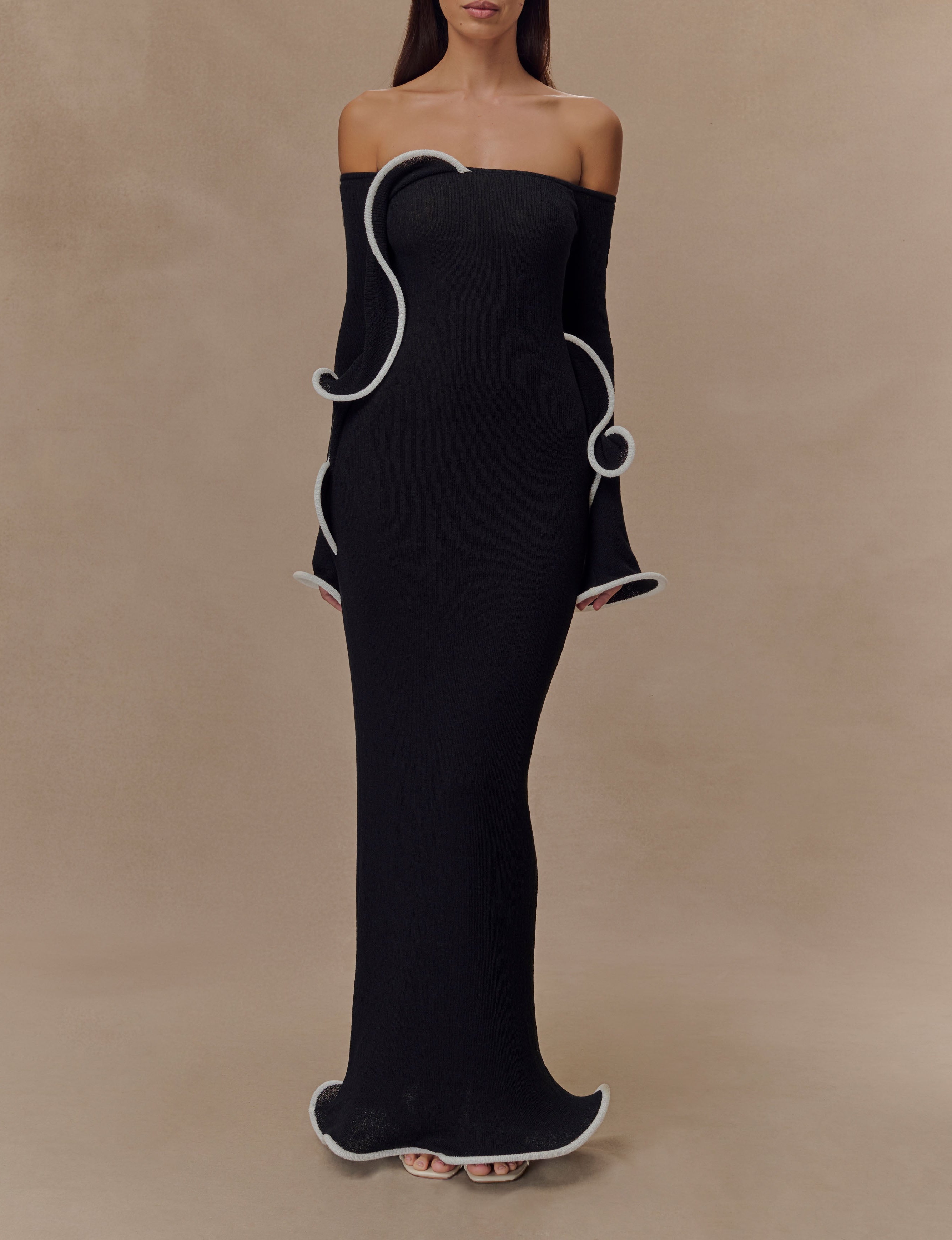 Black/white Off Shoulder Knit Maxi Dress