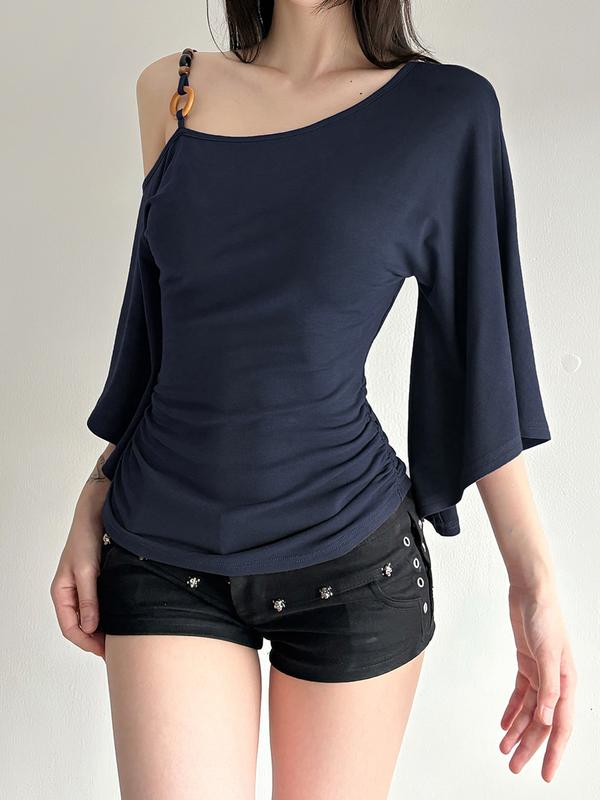 Women’s Retro Asymmetrical Beaded Shoulder Top – Slim Fit Flounce Sleeve Blouse