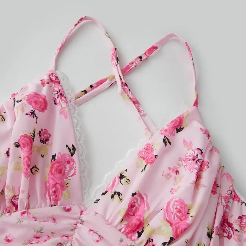 ⚡Today Only Deal🔥Women's Lace Patchwork Puff Short Halter Smocked Tiered Dress