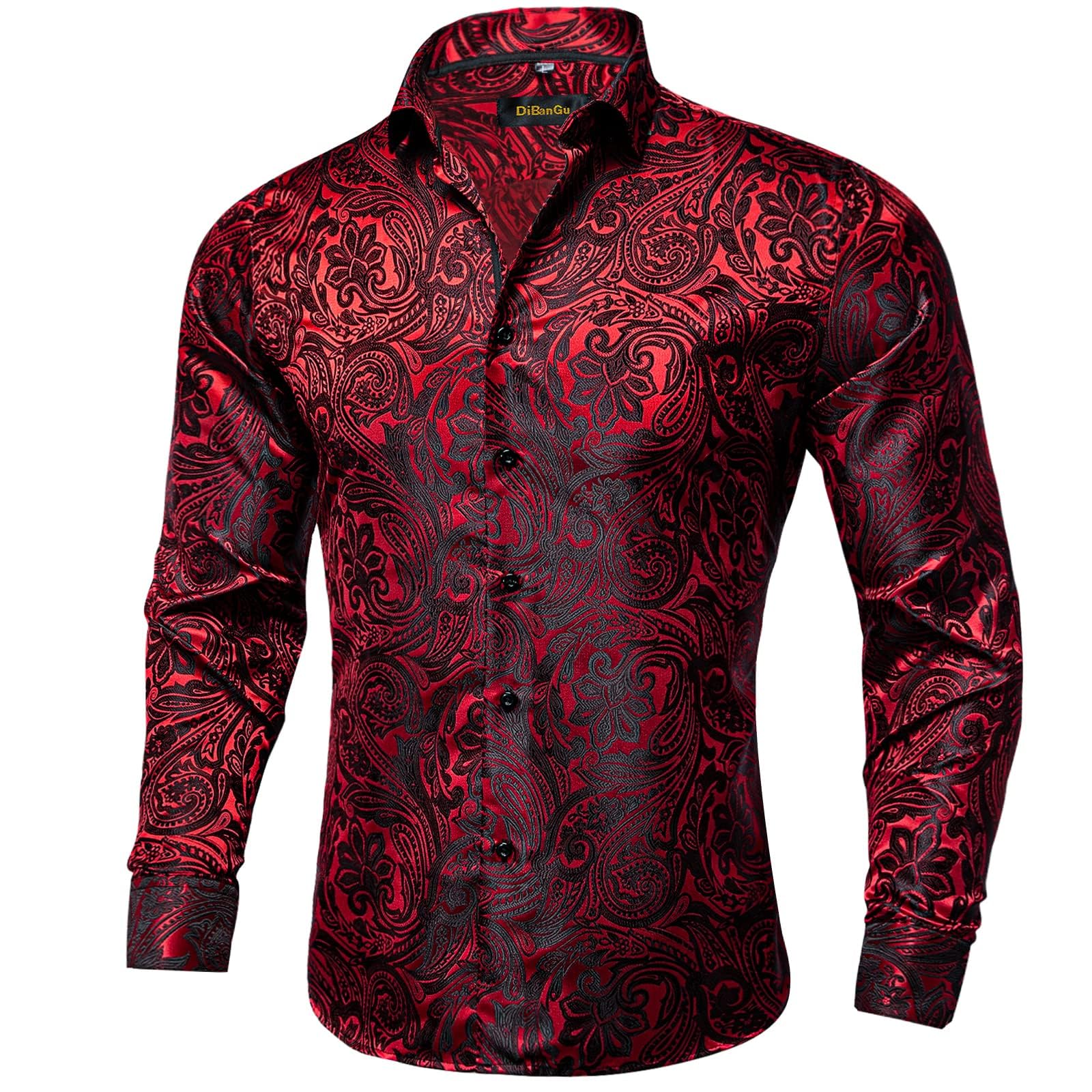 Men's Paisley Dress Shirt Long Sleeve Wrinkle Free Button Down Cowboy Shirts - Red&black&paisley