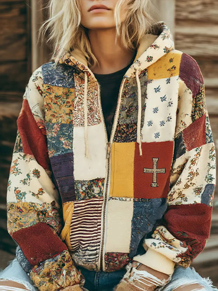Women's Vintage Floral Cross Patchwork Cozy Warm Zipper Hoodie