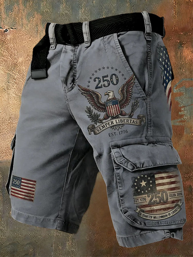 Men'S Retro American Independence Day Anniversary Printed Workwear Shorts (Excluding Waistband)