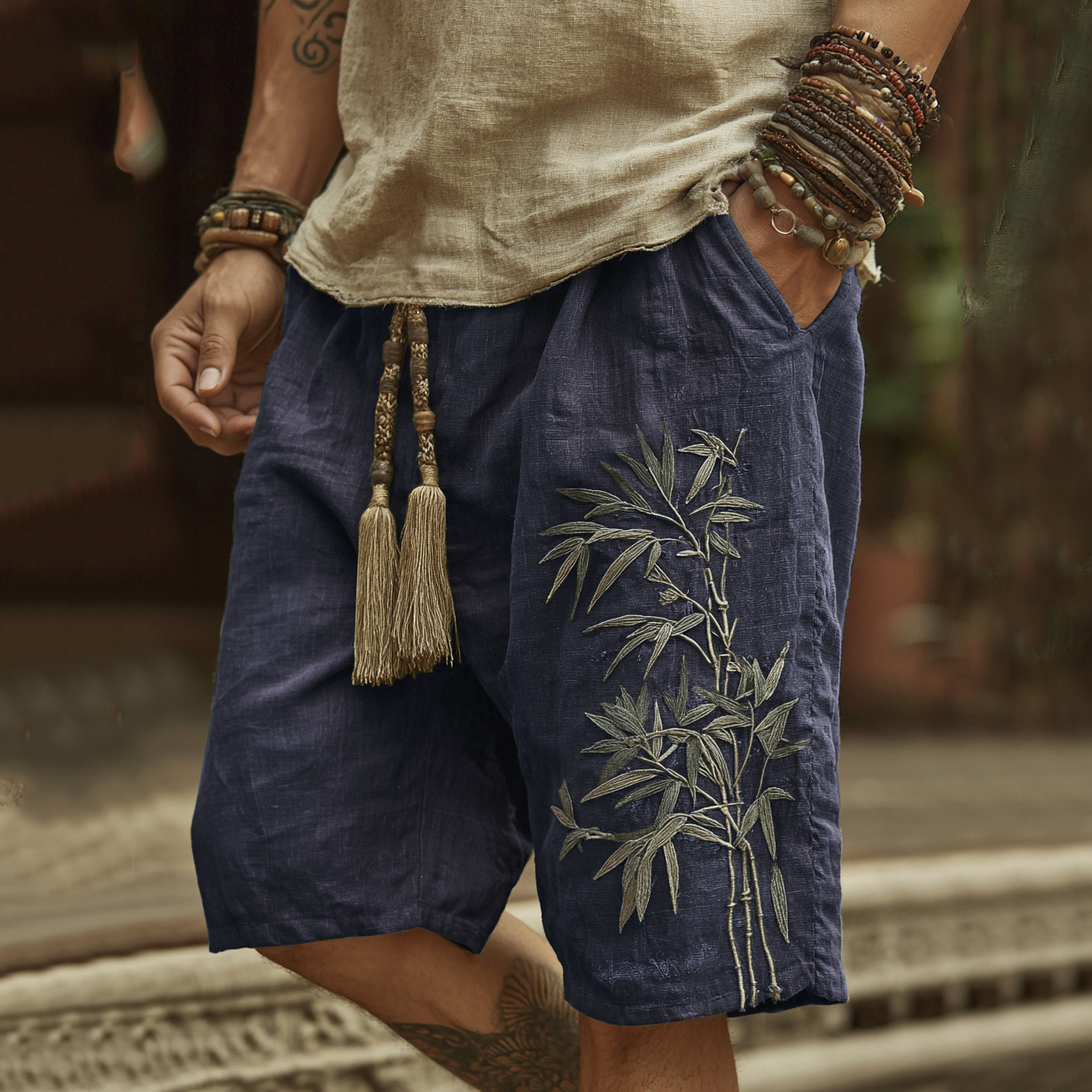 Japanese Bamboo Embroidery Art Linen Blend Casual Shorts