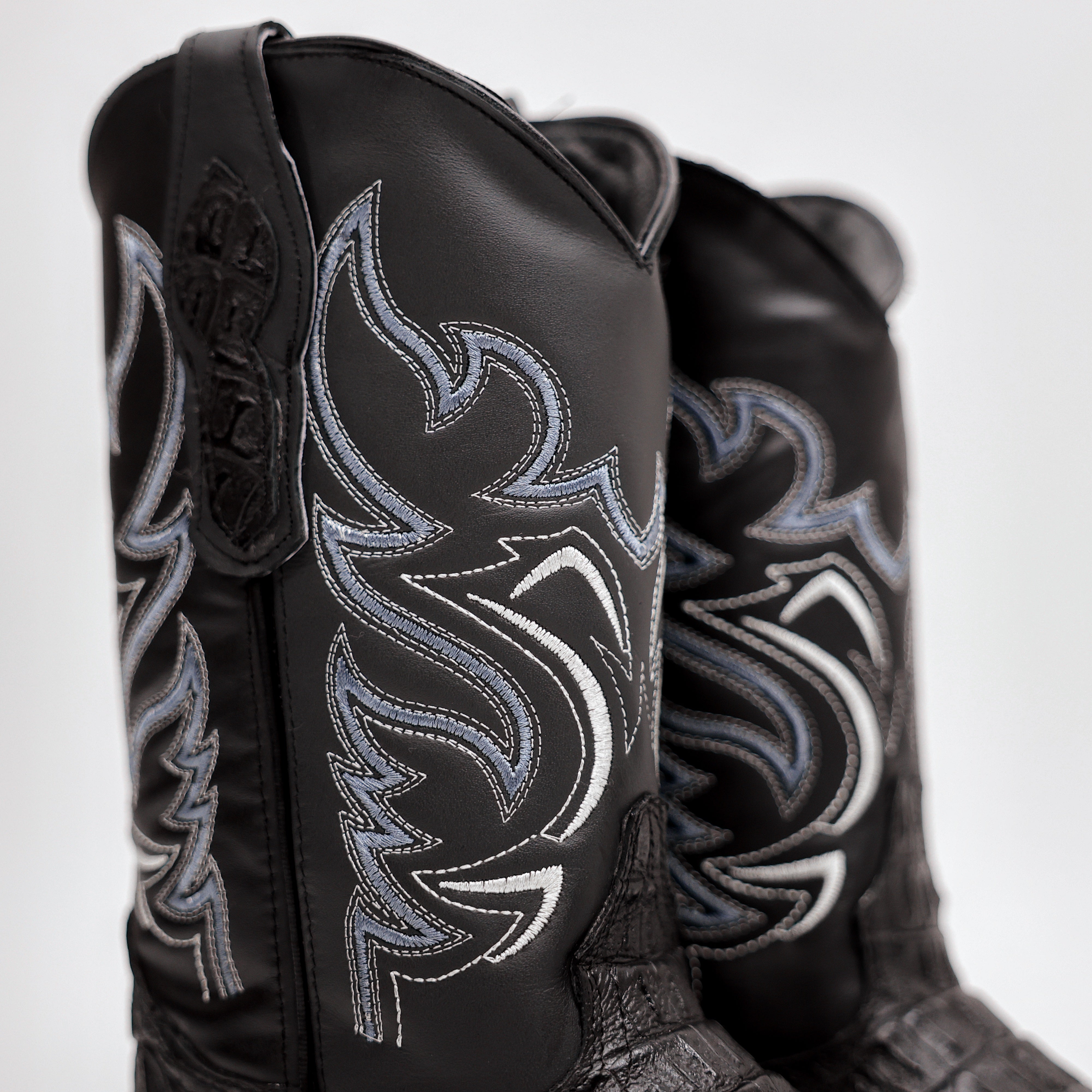 Black Caiman Hornback Leather Boots - Round Toe