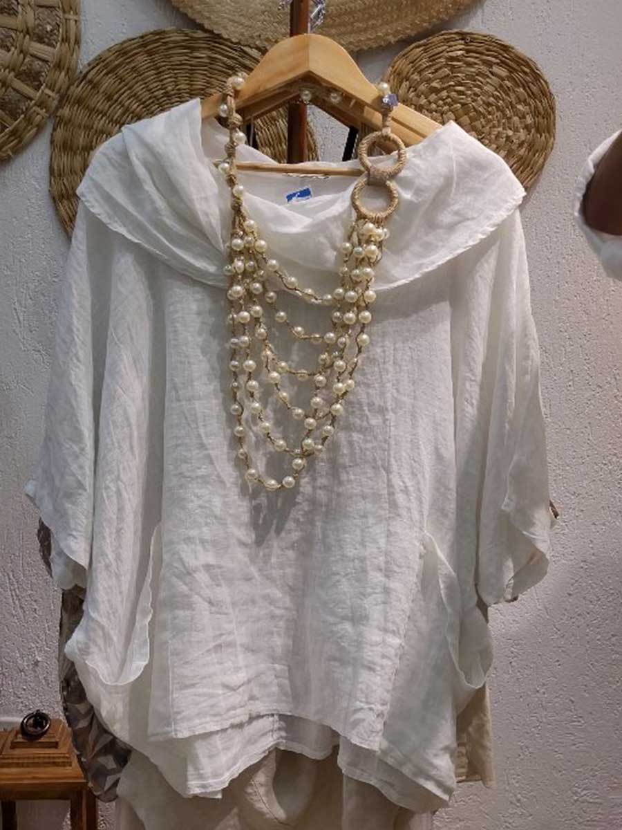 Women's Solid Color Draped Neck 3/4 Sleeve Comfortable Casual Linen Pocket Top