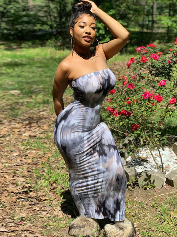 Tie-Dye Off-Shoulder Tube Top Bodycon Maxi Dress