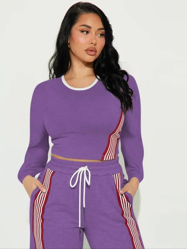 Women Casual Long Sleeve Top and Side Stripe Sports Pants Set