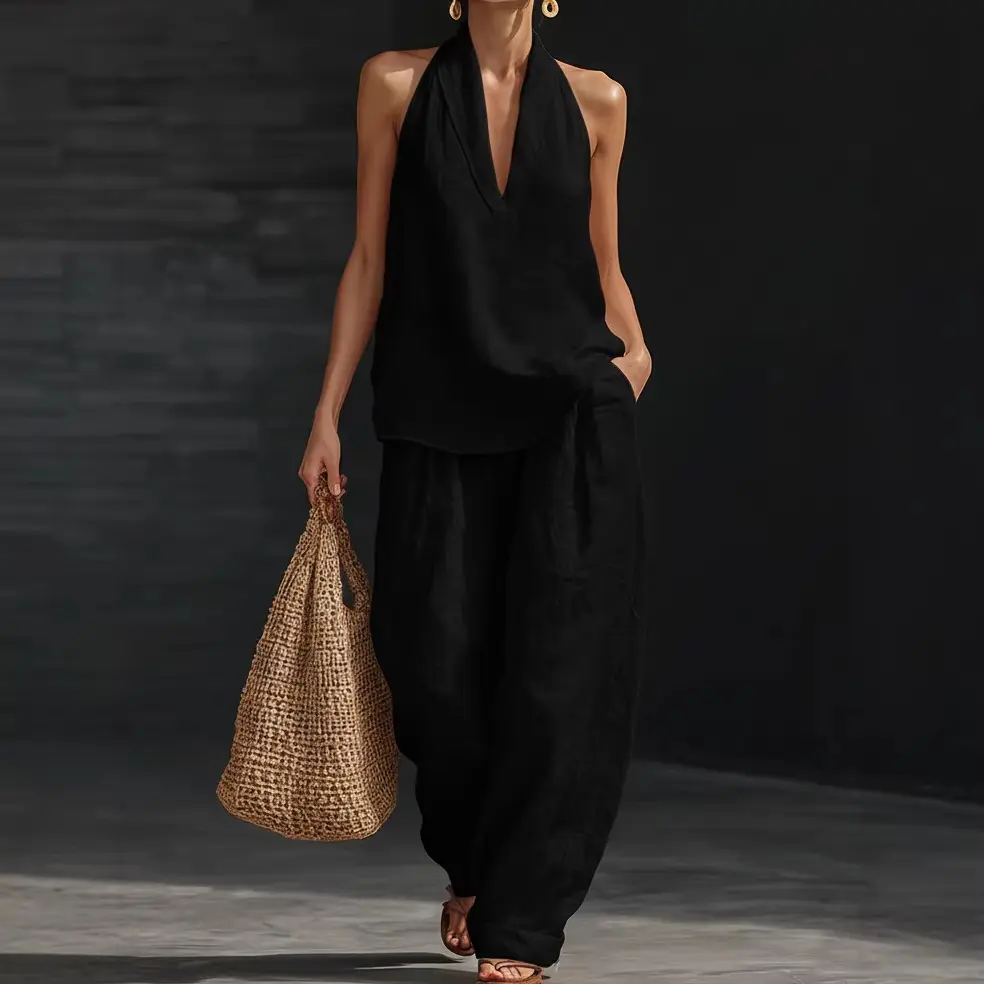 Boho Linen Two Piece Set - Perfect for Beach, Vacation & Brunch! Halter Neck Sleeveless Top Wide Leg Pants Set
