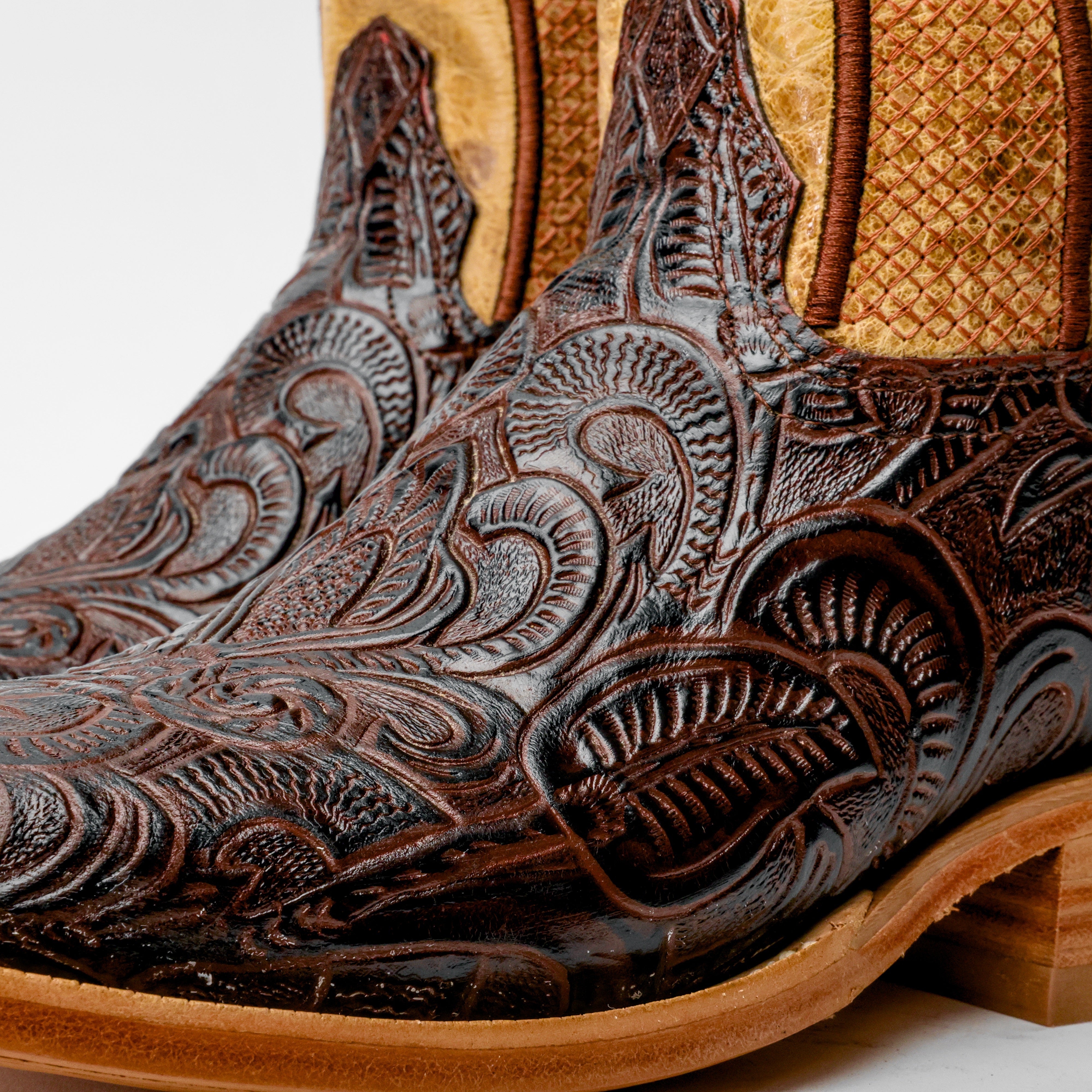 Brown Hand-Tooled Leather Boots - Square Toe