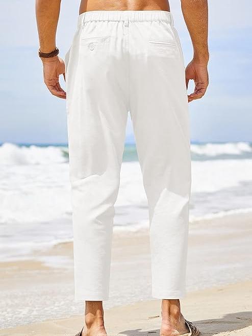 Men’s Lightweight Cotton Linen Elastic Waist Pants (Slim Fit with Pockets)