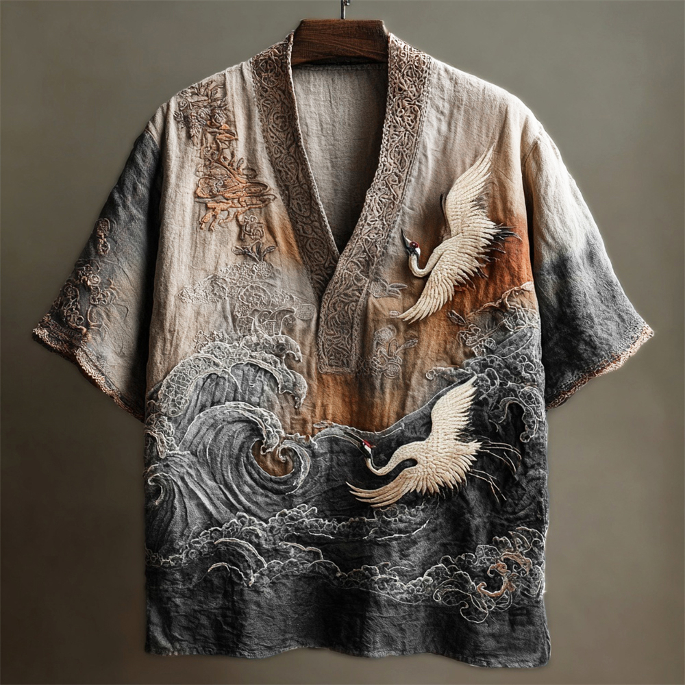Japanese Embossed Crane Art Men's Linen V-neck Shirt