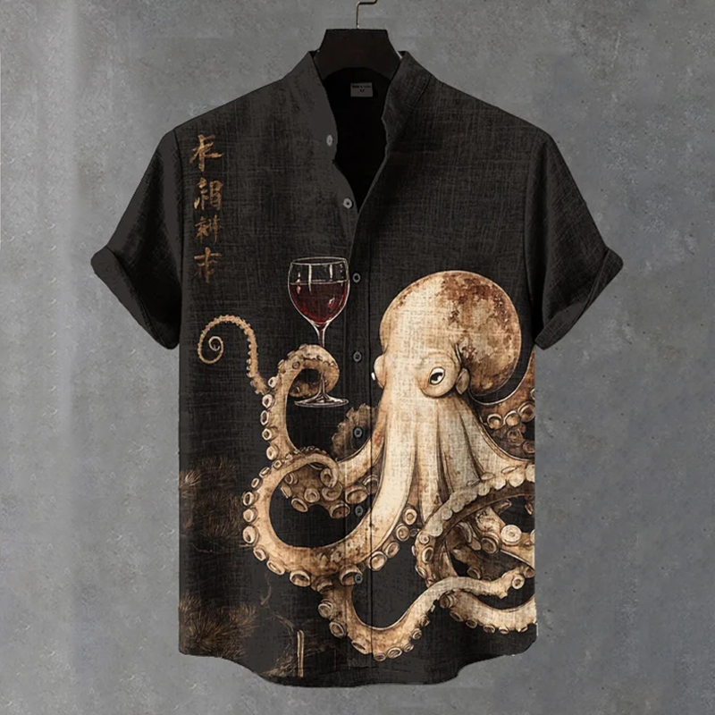 Men's Octopus Drinking Red Wine Art Print Casual Shirt