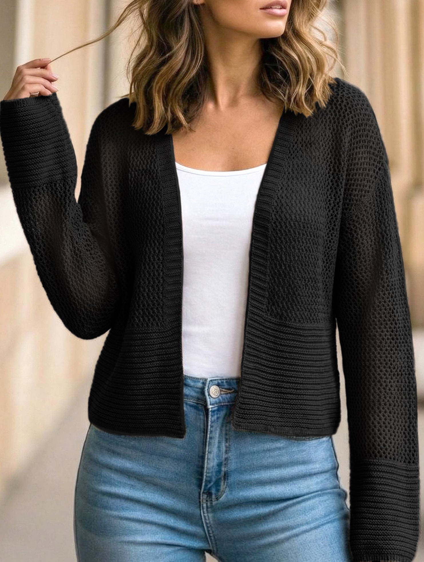 Hollow Knit Long Sleeve Cardigan Top