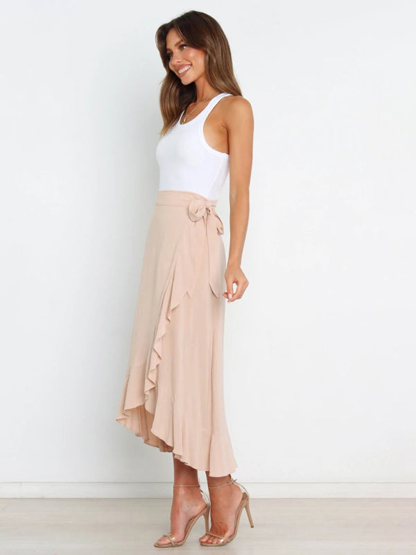 Waist Tie Solid Color Irregular Midi Flare Skirt