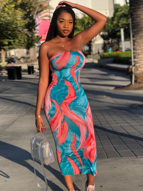 Tie-Dye Off-Shoulder Tube Top Bodycon Maxi Dress