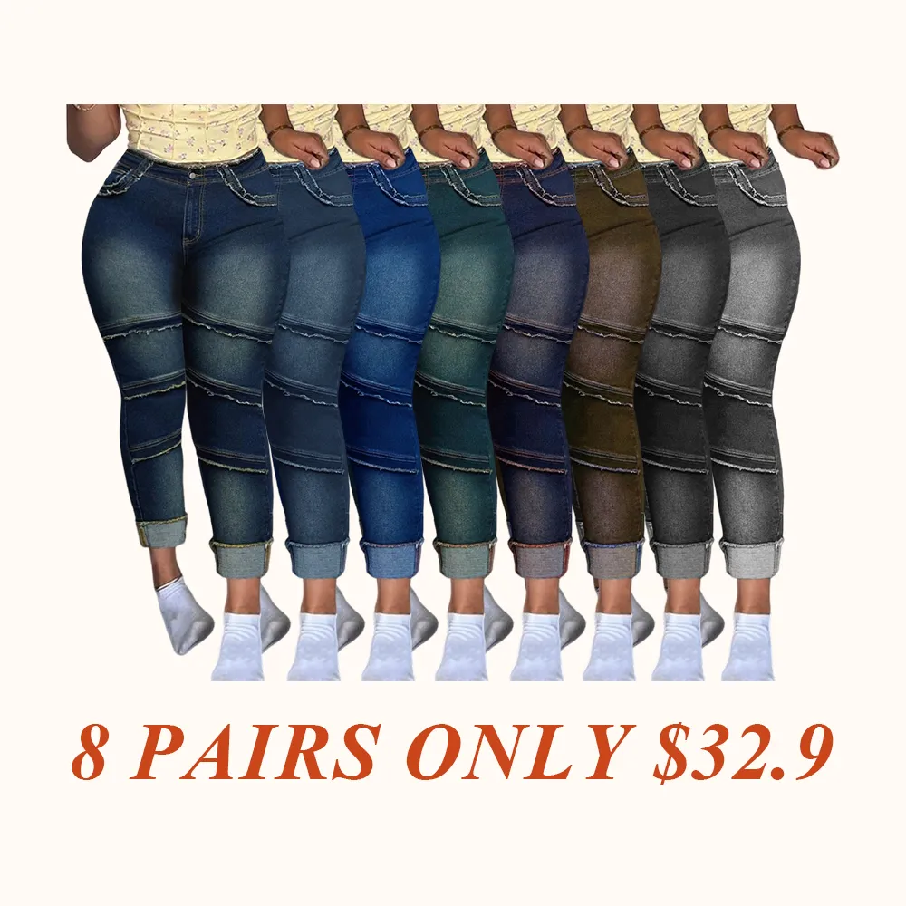 Raw Hem Pocket High Waisted Denim Jeans, Casual Comfy Slim-fitting Trousers for Daily Wear