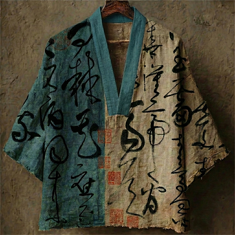 Men's Retro Calligraphy Art Print Linen V-neck Shirt