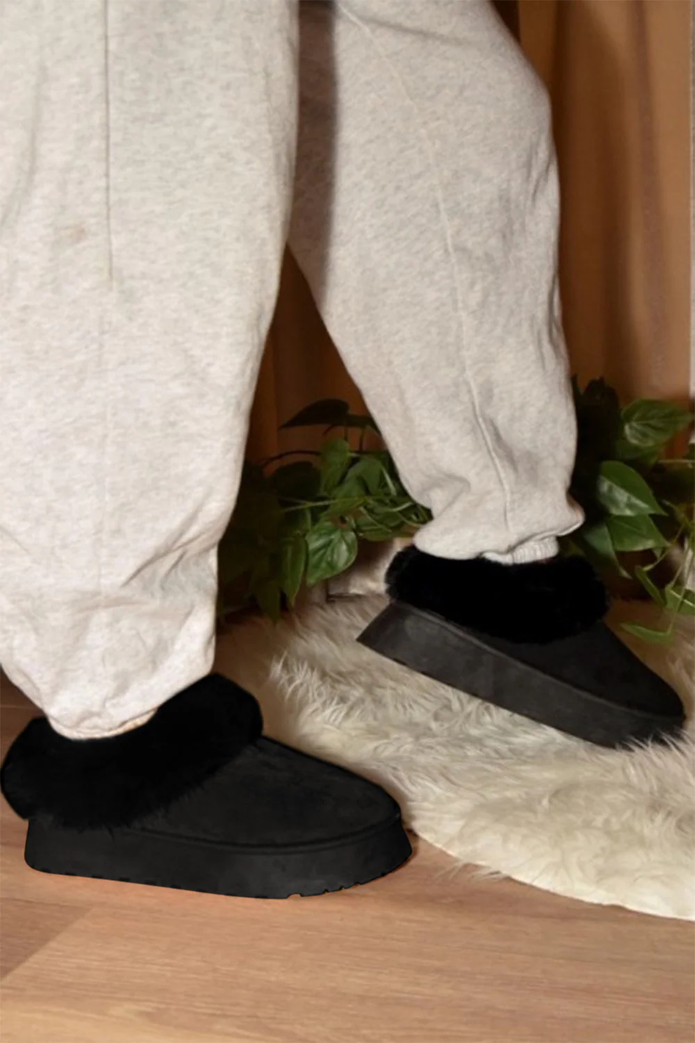 Faux-Fur Platform Slip On Booties in Black