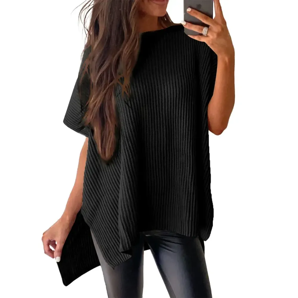 2026 Spring/Summer Oversized Cozy Ribbed Knit Top Women’s Crew Neck Short Sleeve Pullover Elegant Solid