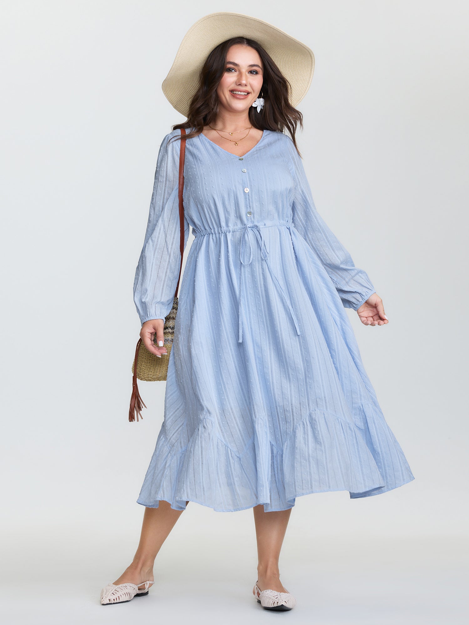 Cotton Striped Waist-Drawstring Tiered Midi Dress